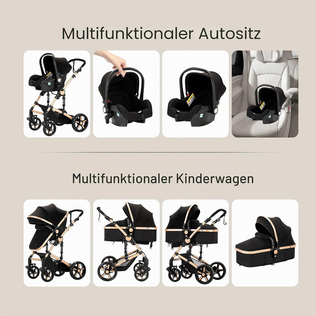 Nine point nine Kinderwagen 3 in 1, Kinderwagen Set mit Umkehrbarem Doppelschiebemodus, Kombikinderw