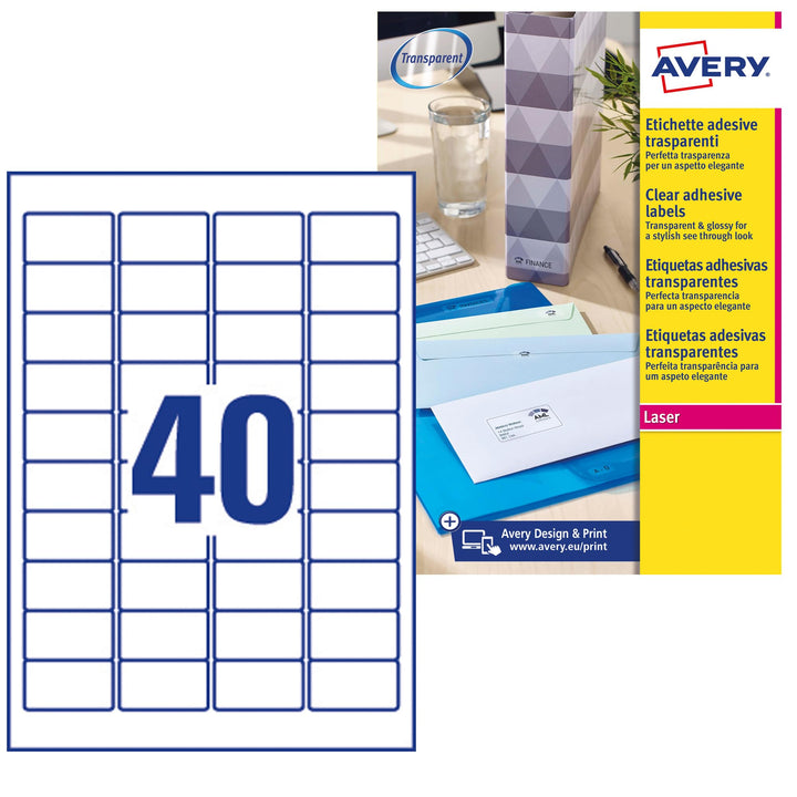 Avery Kristallklare Etiketten für Laserdrucker langlebig 40 pro Blatt 45,7 x 25,4 mm 1000 Stück tran