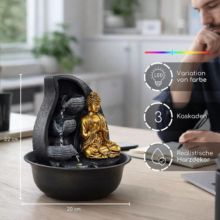 Zen Light Praya Zimmerbrunnen mit Pumpe und LED-Beleuchtung, Kunstharz, Gold Single, Single