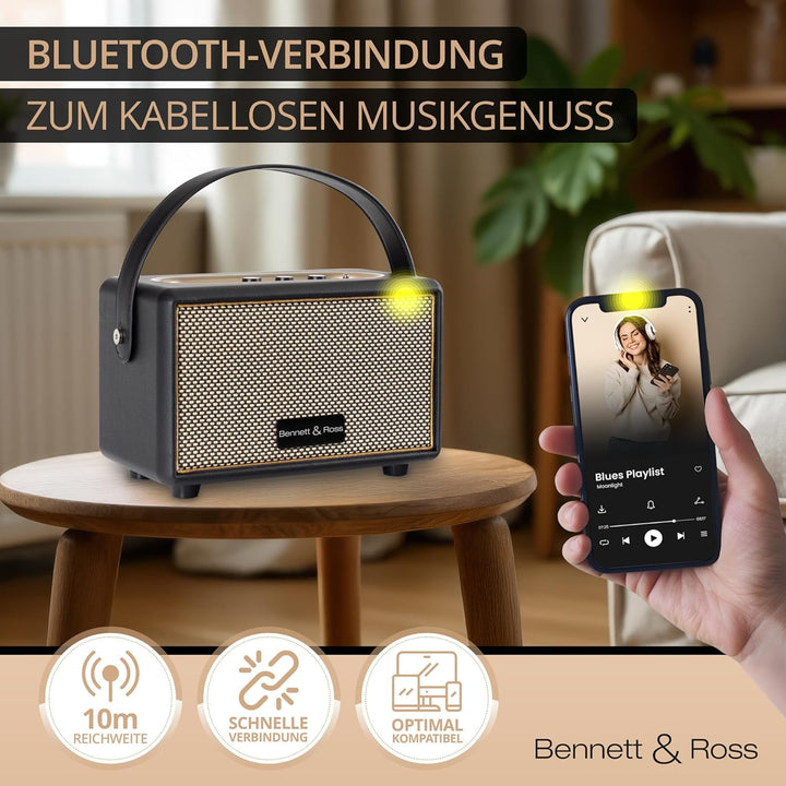 Bennett & Ross BB-820BK Blackmore Junior - Retro Bluetooth Lautsprecher in Lederoptik mit 5200 mAh A