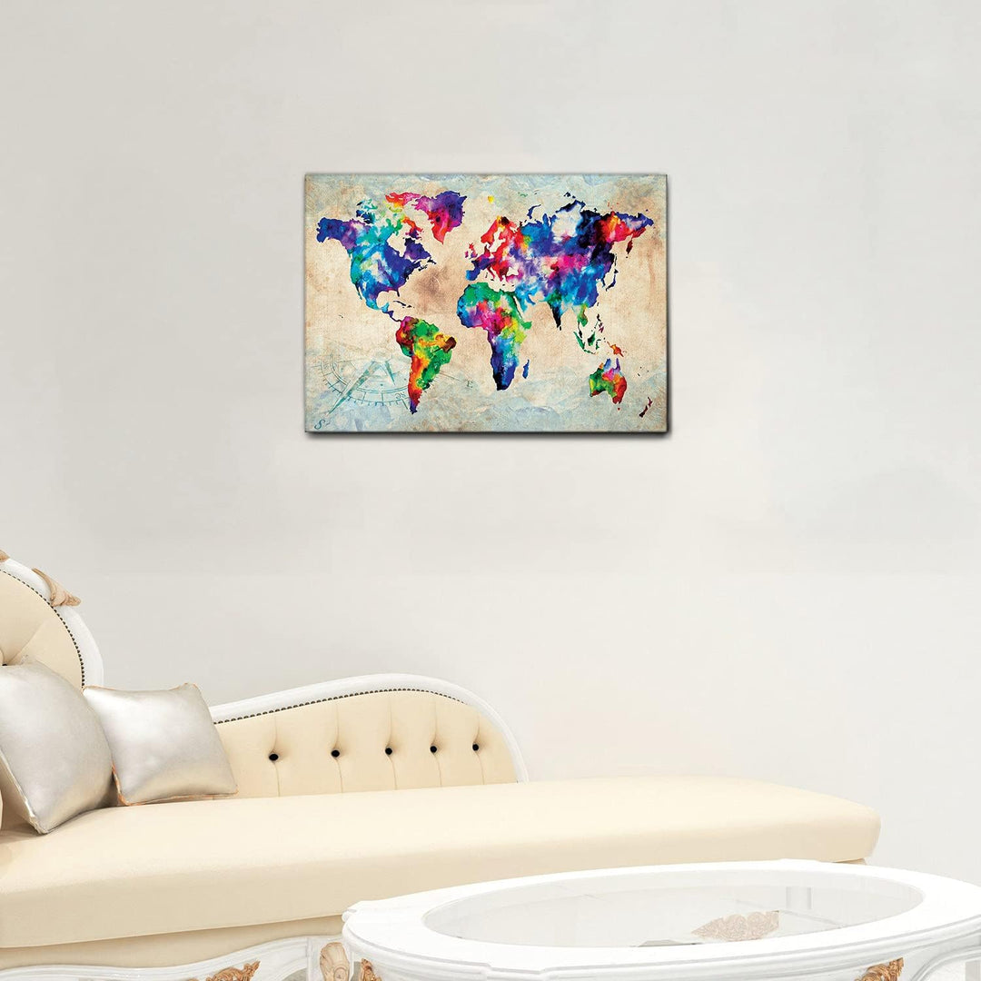 - BILD - DRUCK AUF LEINWAND - WORLD MAP COLOR - FARBIGE WELTKARTE - 50 x 70 CM, 50 x 70 CM