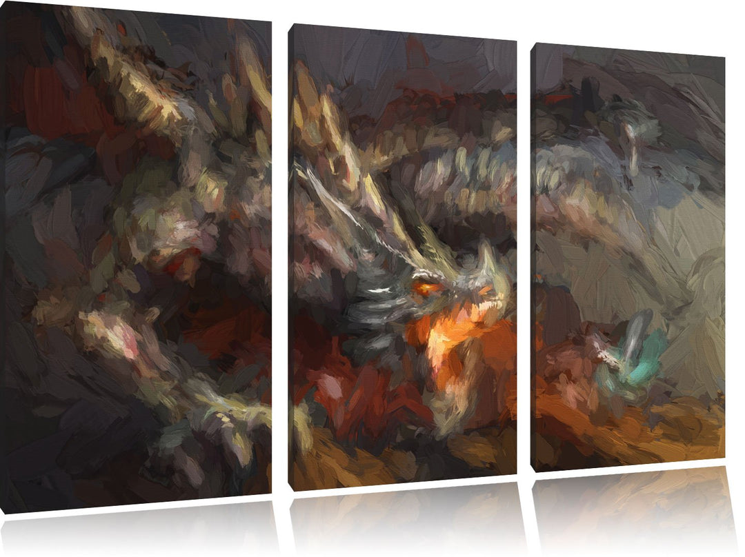 Pixxprint Kampf zwischen Mensch und Drache als Leinwandbild/Grösse: 3 Teilig (120x80 cm) cm/Wandbild