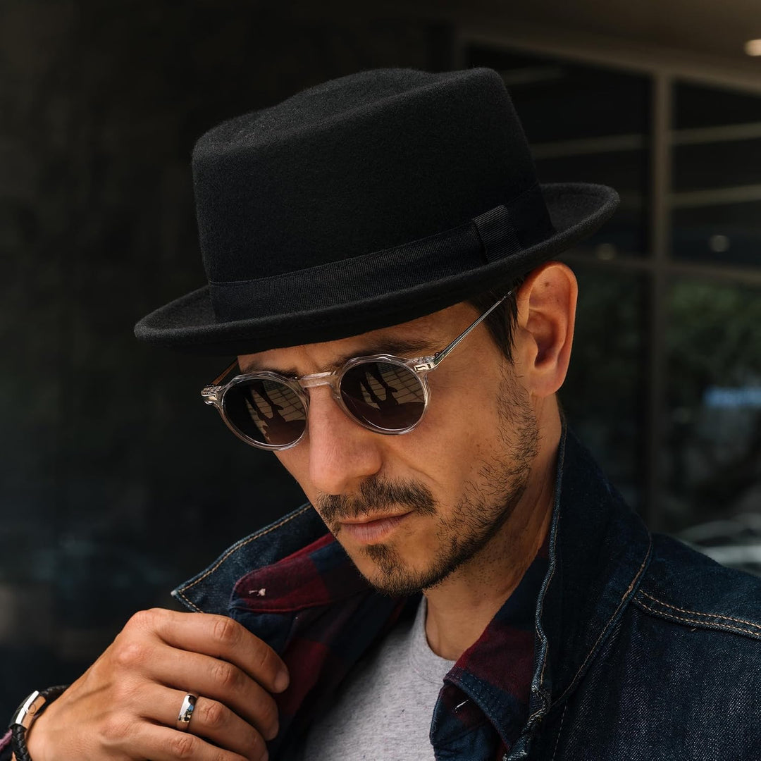 Pork Pie Hut für Herren, schwarze Wolle, flache Oberseite, Fedora-Hut, Trilby-Hut, Unisex, Porkpie-H
