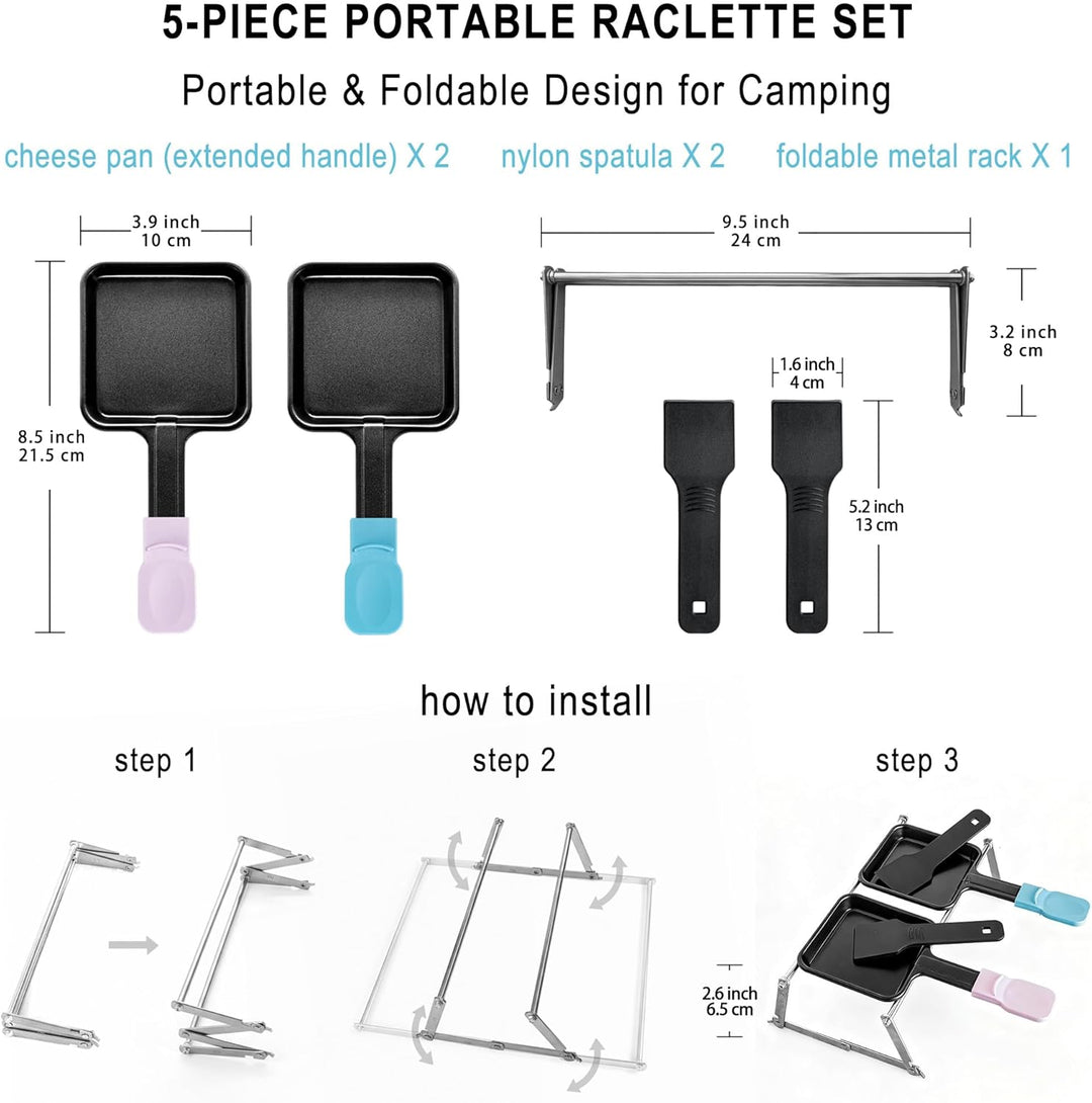 Tragbares Mini Raclette Set für 2 Personen, 2 Antihaft Pfännchen Blau & Pink, 2 Nylon Spatel, Klappb