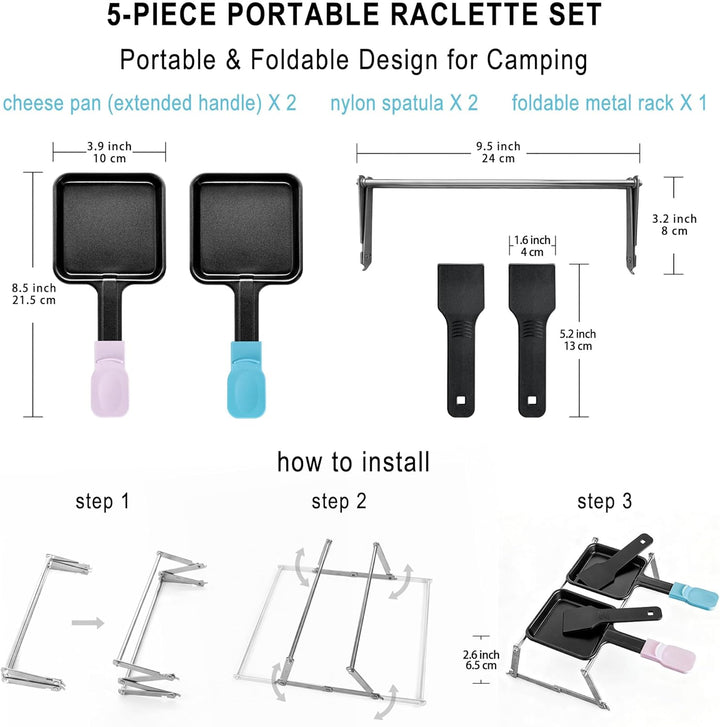 Tragbares Mini Raclette Set für 2 Personen, 2 Antihaft Pfännchen Blau & Pink, 2 Nylon Spatel, Klappb