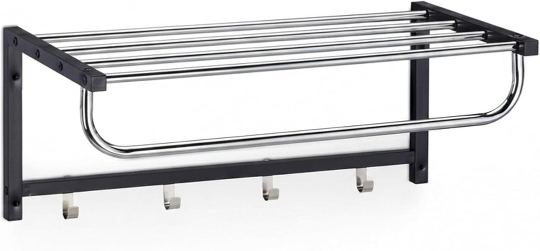 Relaxdays Wandgarderobe mit Ablage, Garderobenleiste 4 Haken, Flur & Bad, modern, Metall, HBT 25 x 6