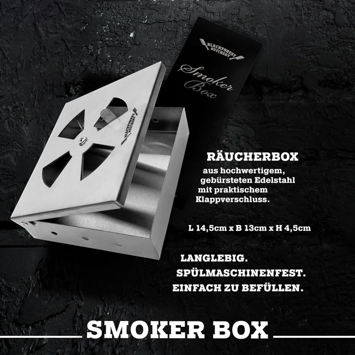 Blackforest Butchery - BBQ Räucherbox Set inkl. Räucherchips – Smokerbox aus Edelstahl – Smokergrill