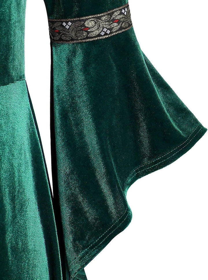 Mittelalter Kleidung Damen, Damen Mittelalter Kleid Satin Trompetenärmel Bodenlanges Retro Kostüm Ge