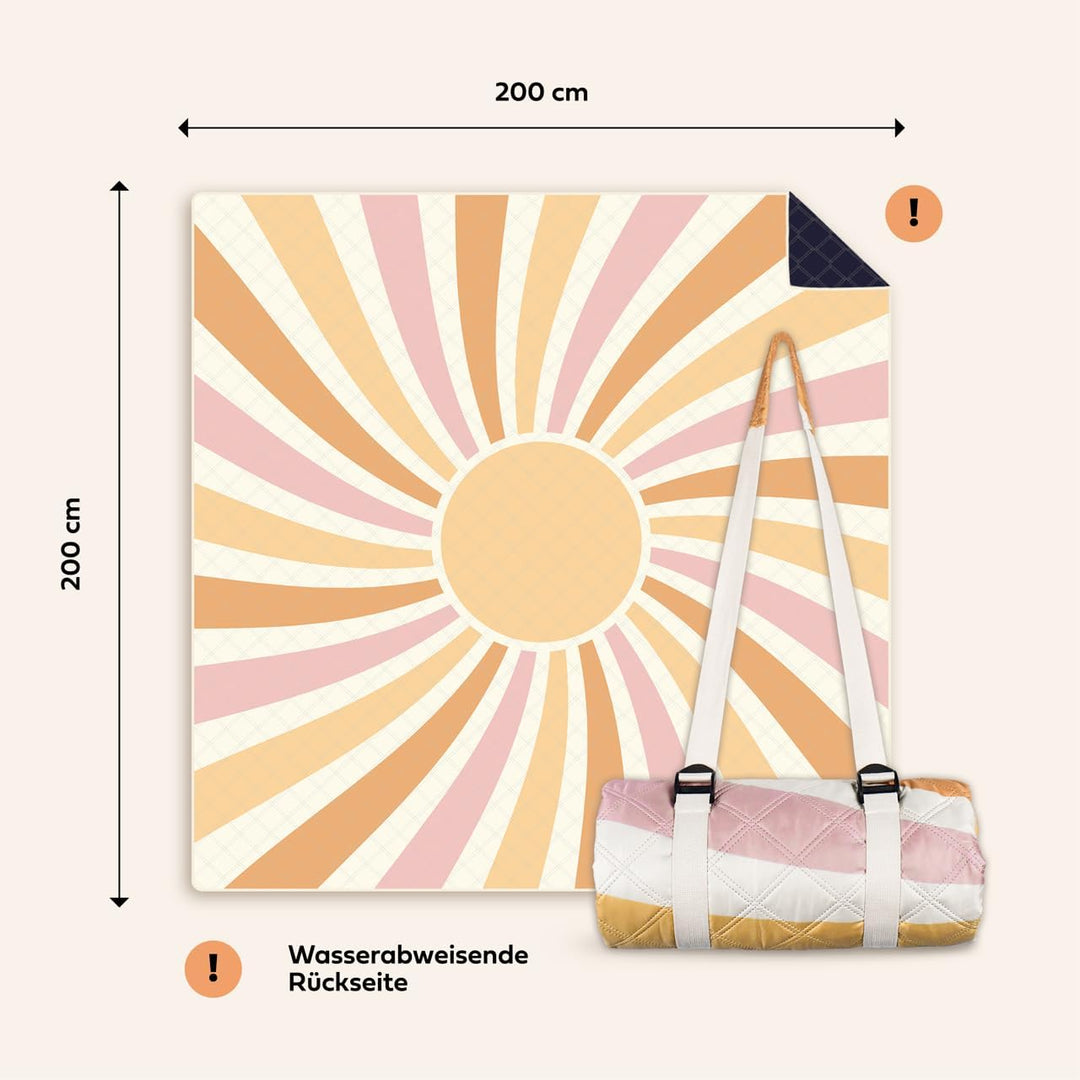 NAYA STUDIOS® Picknickdecke (Sonne) - extra grosse Picknickdecke 200x200 cm - waschbare Campingdecke