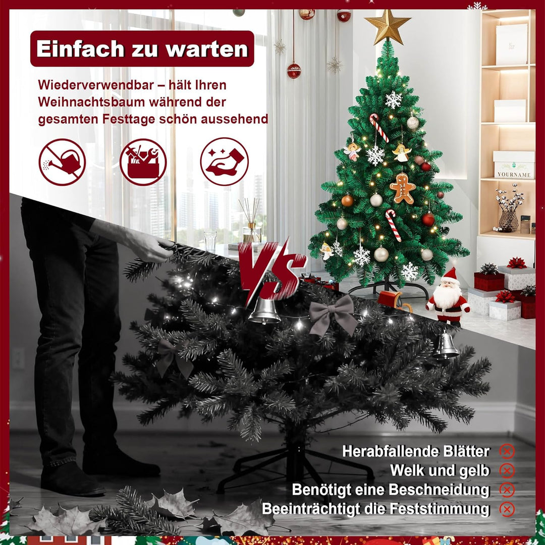 YRHome 150cm Grün PVC Künstlicher Weihnachtsbaum mit Beleuchtung - 180 Leuchten LED Christbaum Tanne