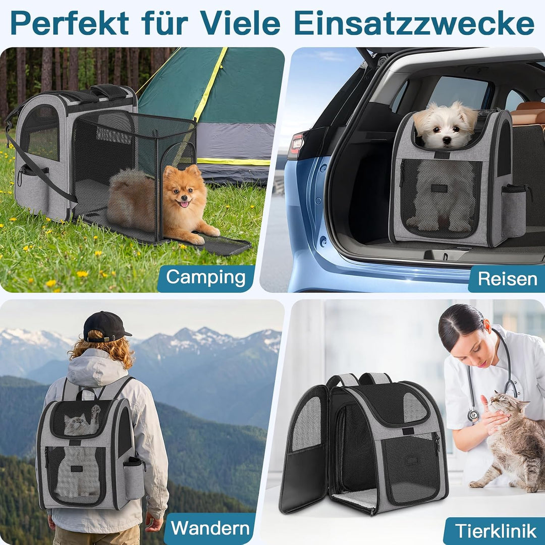 Erweiterbar Hunderucksack bis 10kg, Haustier Rucksack mit Netzfenster, Faltbare Katzenrucksack Hunde