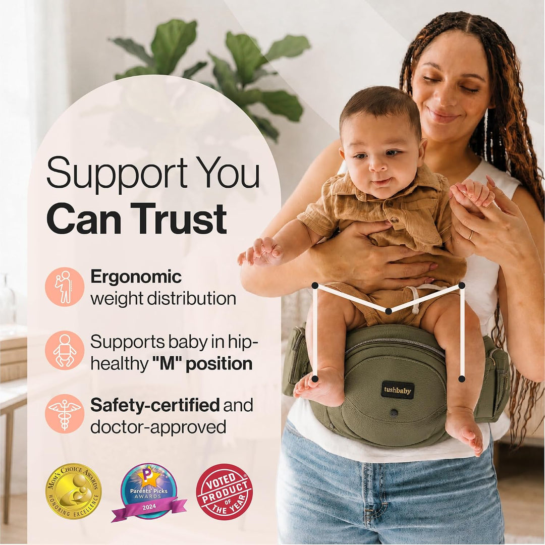 Tushbaby Baby Hüfttrage | Ergonomischer Hüftsitz Baby | Olive | Babytrage Seitlich für komfortables