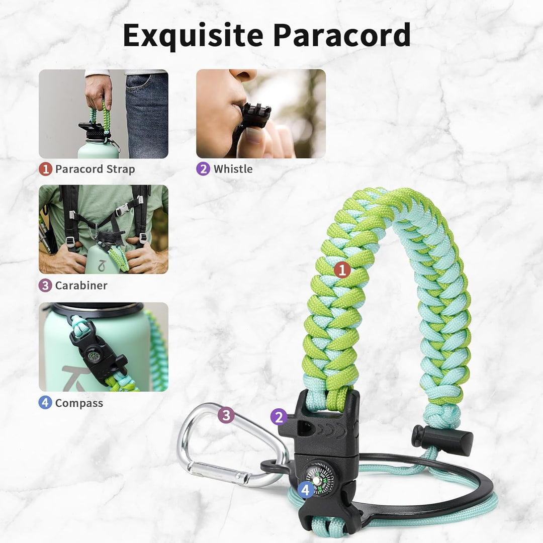 Trebo Isolierte Wasserflasche mit Paracord-Griff und Strohhalm, 1,8 l Fassungsvermögen, Edelstahl, g