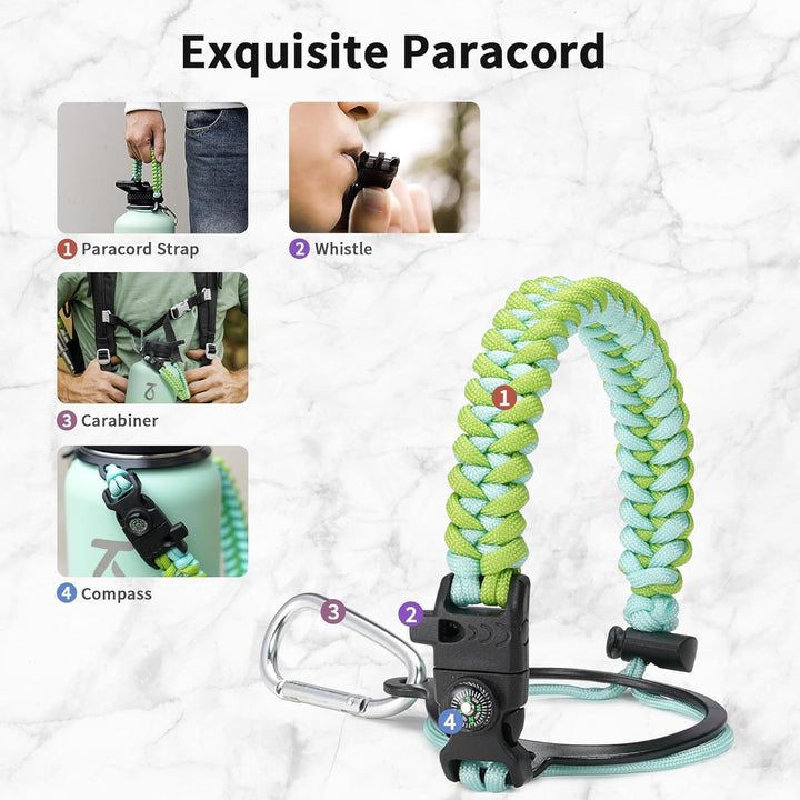 Trebo Isolierte Wasserflasche mit Paracord-Griff und Strohhalm, 1,8 l Fassungsvermögen, Edelstahl, g