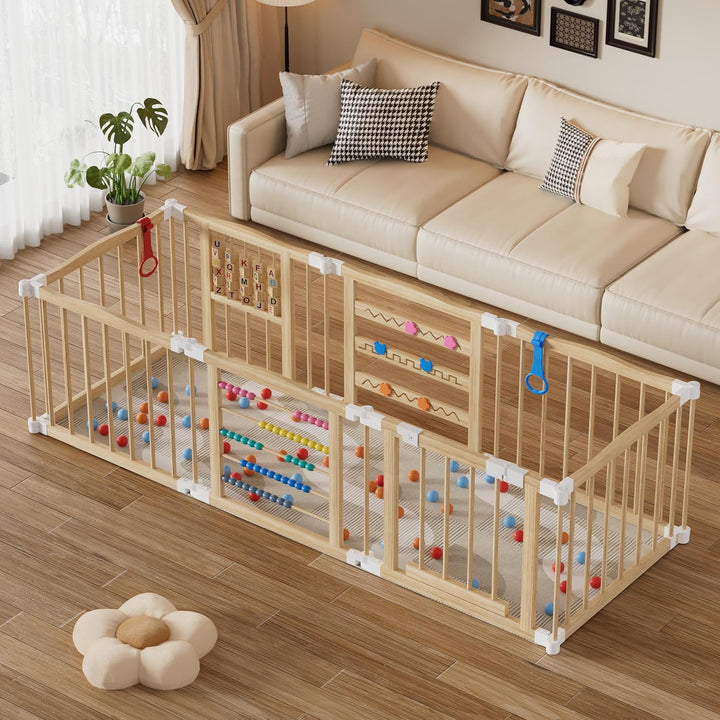 MSFE Laufstall Baby Faltbar Holz,8 Paneele Wooden Baby Playpen Verstellbare Multi-Shape & Grösse mit