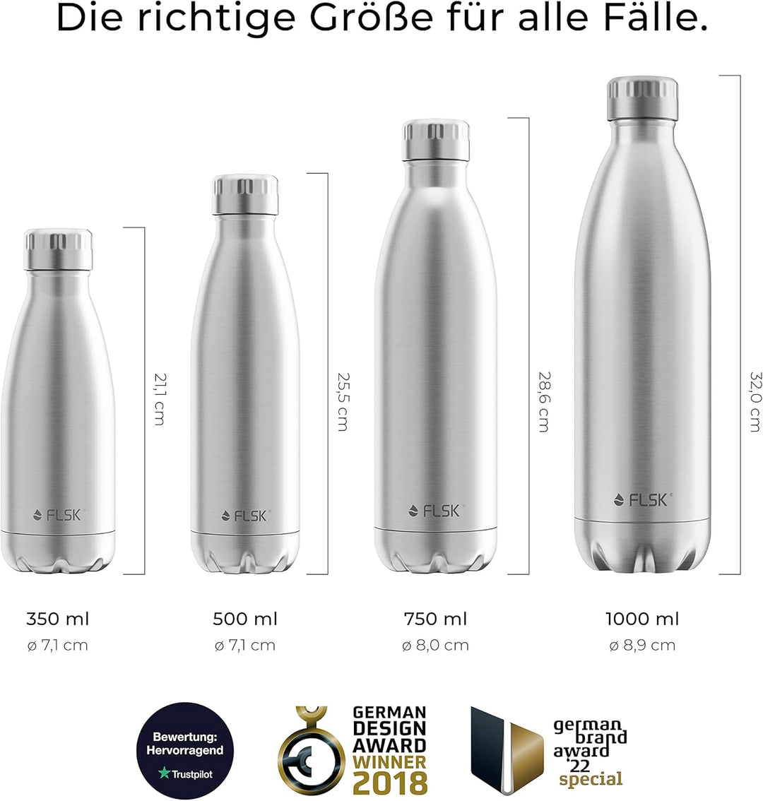 FLSK Trinkflasche I Premium Trinkflasche aus Edelstahl I 100% Auslaufsicher & Kohlensäure geeignet I