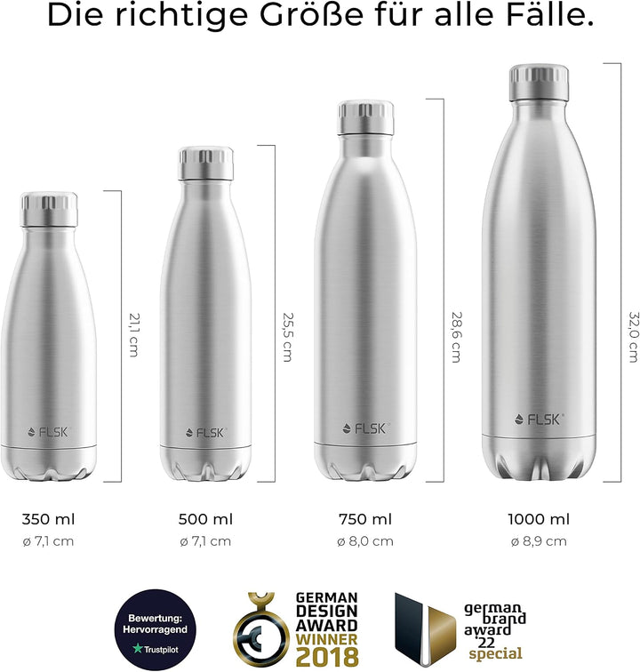 FLSK Edelstahl Trinkflasche (350ml, 500ml, 750ml, 1000ml) • Thermosflasche für Warm- &amp; Kaltgetränke