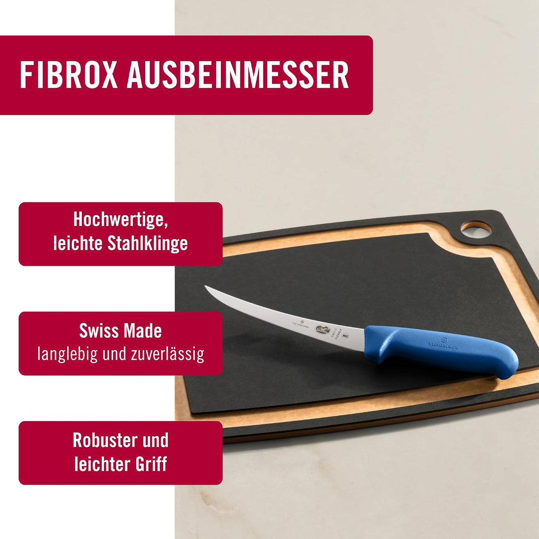 Victorinox Fibrox Ausbeinmesser, Scharfes Küchenmesser für Fleisch und Fisch, 15 cm, Gebogene Klinge