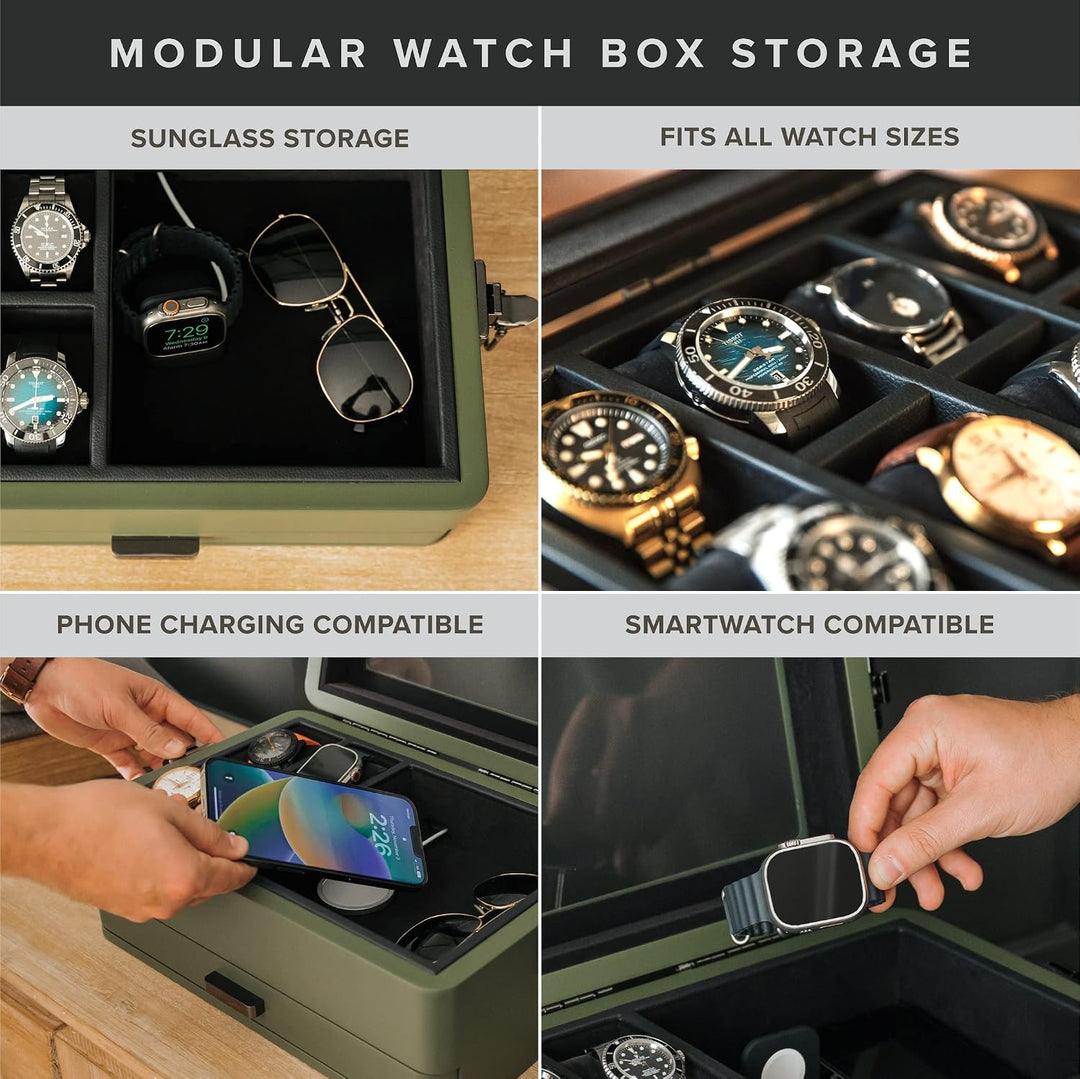CASE ELEGANCE Militäruhrenbox mit 10 Fächern für Herren, Echtglasplatte, modulares Valet-Tablett, Ap