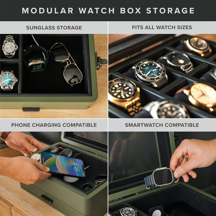 CASE ELEGANCE Militäruhrenbox mit 10 Fächern für Herren, Echtglasplatte, modulares Valet-Tablett, Ap