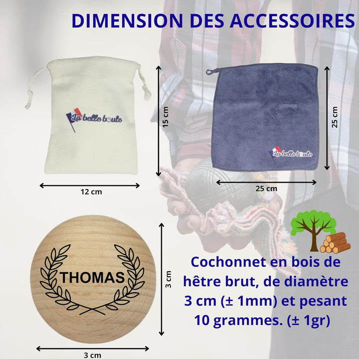 Set mit 3 personalisierbaren Boccia-Kugeln – Tasche für Boccia + Mikrofasertuch – Boccia-Kugel für W