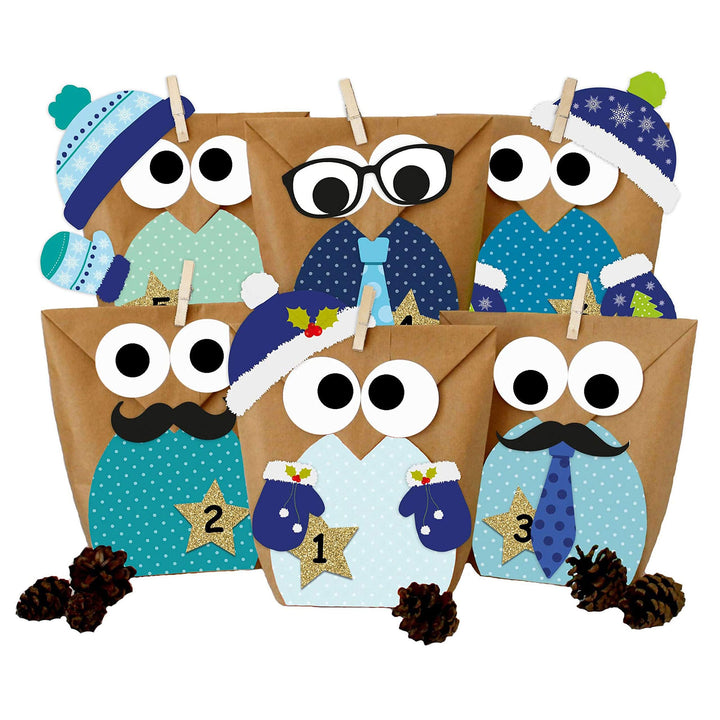 Papierdrachen Adventskalender 2025 zum Befüllen - 24 blaue Eulen-Tüten im Winterdesign - DIY Set mit