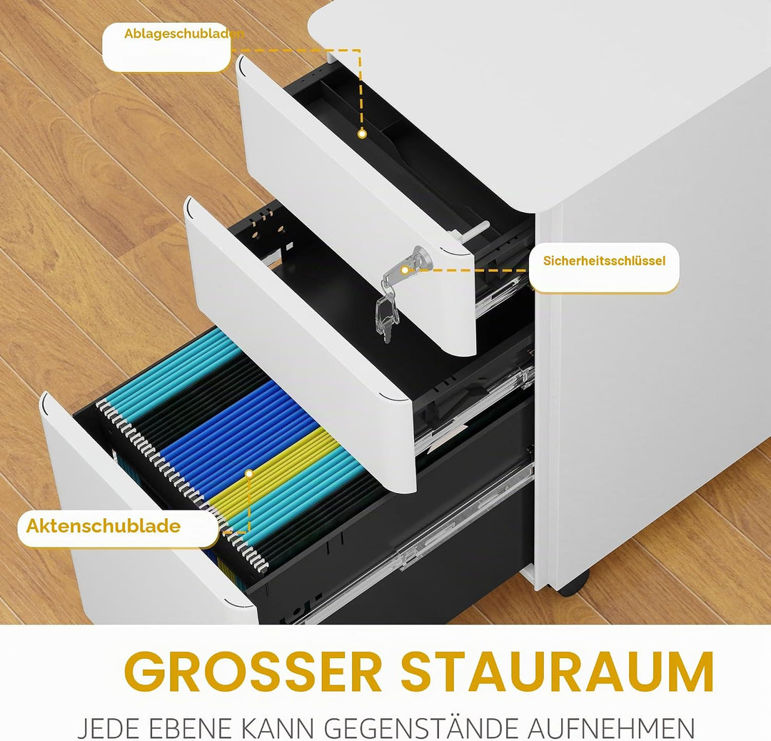 DWVO 3 verschliessbare Schubladen Metall Aktenschrank, Mobile Aktenschrank für Home Office, Unter Sc
