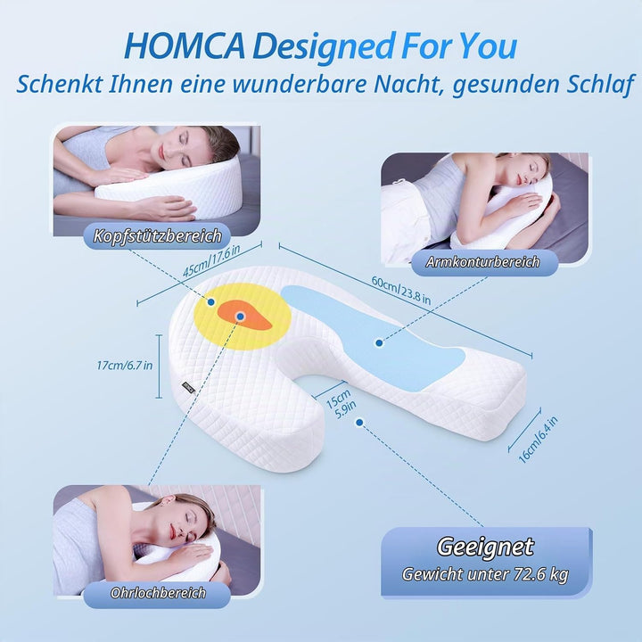 HOMCA Seitenschläferkissen U-förmiges Memory Foam Kopfkissen Ergonomisches Für Bauchschläfer und Sei
