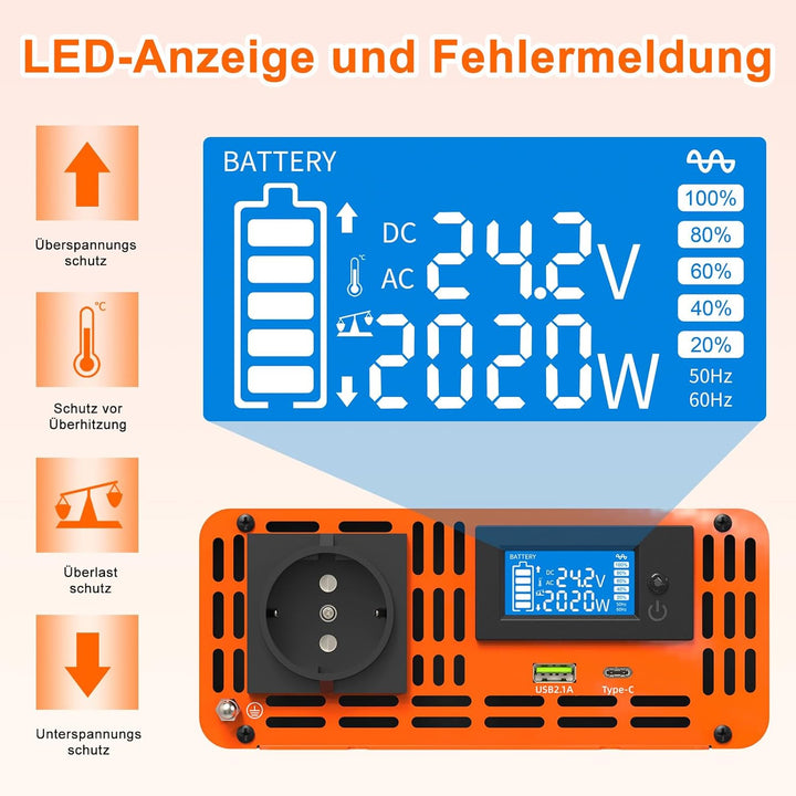 DATOUBOSS Wechselrichter Reiner Sinus 2000W/4000W Spannungswandler 24V 230V LCD-Display und 1x USB +
