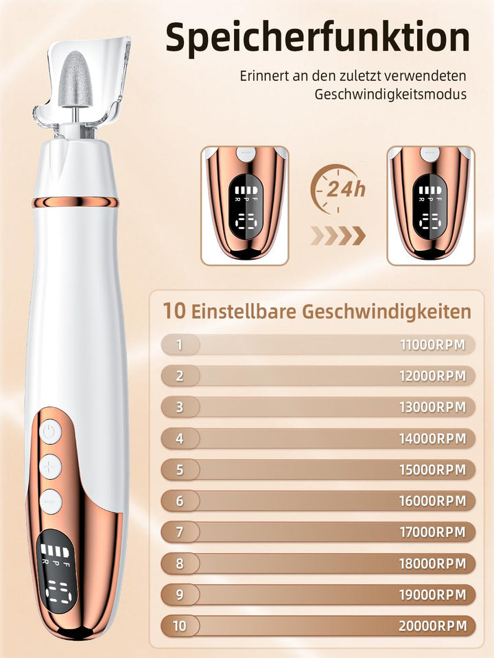 Nagelfräser Kabellos - 11 in 1 Tragbar Maniküre Set mit 10 Geschwindigkeiten und LED Licht, Pediküre