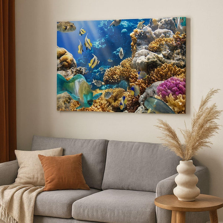 Bilder auf Leinwand 100x70cm Leinwandbild Korallenriff Ozean Krabbe Fisch Gross Wanddeko Bild Schlaf