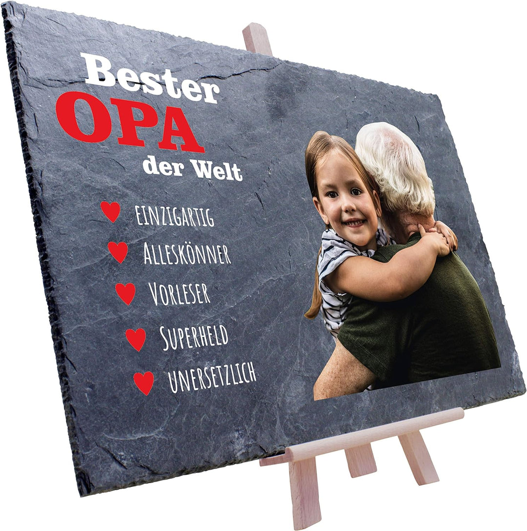 wandmotiv24 Schiefertafel Bester Opa mit Holz-Staffelei, Personalisiert mit Farb-Foto, Digitaldruck,