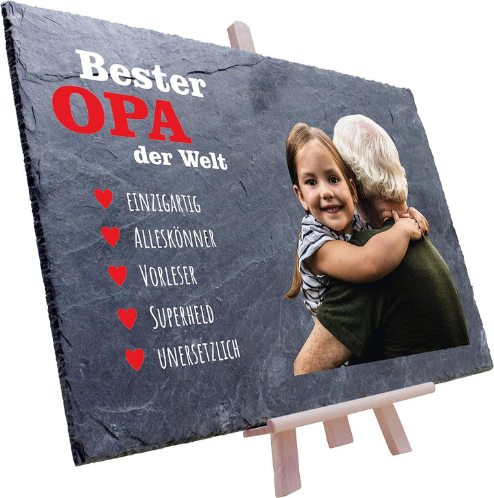 wandmotiv24 Schiefertafel Bester Opa mit Holz-Staffelei, Personalisiert mit Farb-Foto, Digitaldruck,