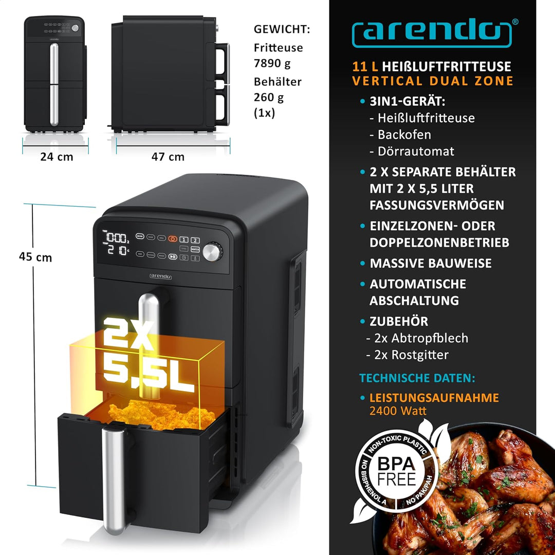 Arendo - Heissluftfritteuse XXL Dual Zone 2 Kammern – 11 Liter – 2400 W – 2 Zonen – 3in1 Airfryer Do