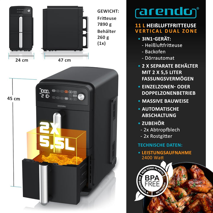 Arendo - Heissluftfritteuse XXL Dual Zone 2 Kammern – 11 Liter – 2400 W – 2 Zonen – 3in1 Airfryer Do