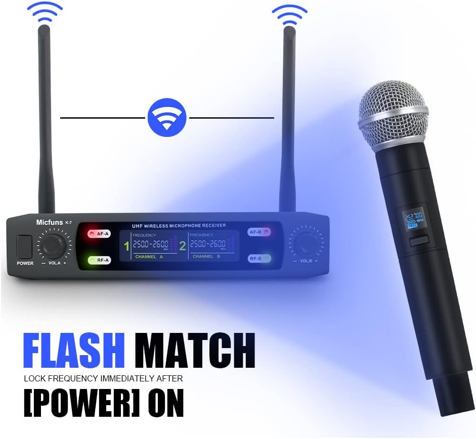 micfuns K7 Professional Mikrofon-Sets Wireless 2 Handheld VHF 230-250 MHz Mikrofonsystem 100 m Entfe
