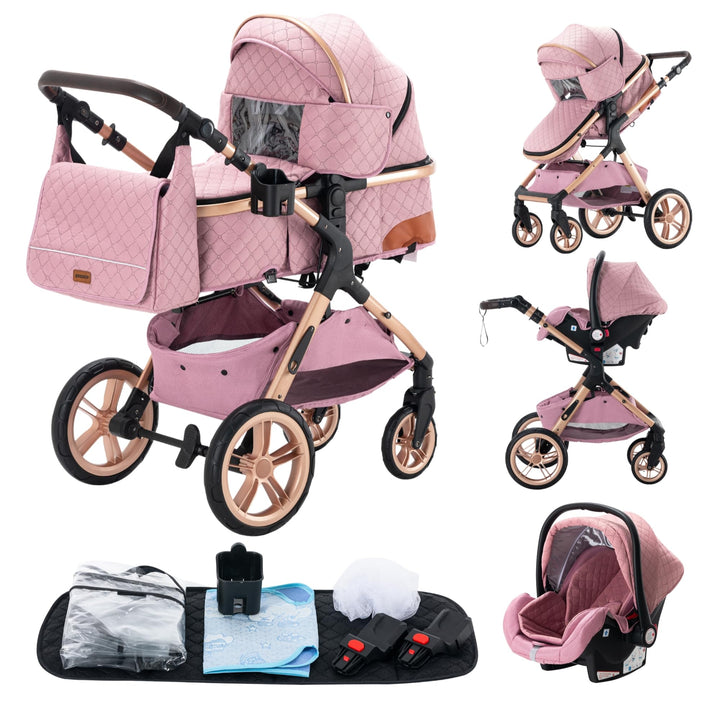 GLOKID Kinderwagen 3 in 1,Reisesysteme, Babywanne Buggy,Voll-Gummireifen,Mit Einem Klick Zusammenkla
