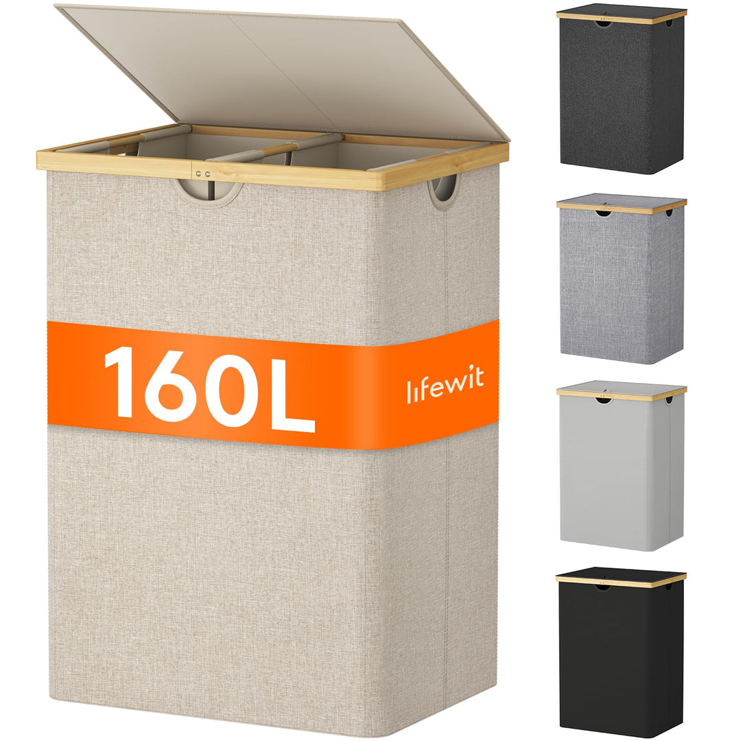 Lifewit 160L Bambus Wäschekorb mit Deckel, Faltbar Wäschesammler 2 Fächer Wäschesortierer mit Abnehm