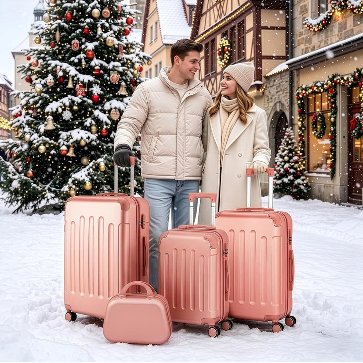 LEADZM Koffer Set 4 teilig Hartschale mit Kosmetikkoffer (Roségold) | Kofferset mit verstärkten Ecke