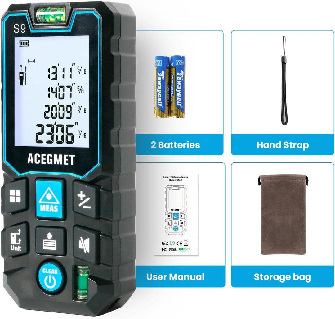 ACEGMET Laser-Entfernungsmesser Smartphone-App,Reichweite, 2 Wasserwaagen, Bluetooth,LCD-Display mit