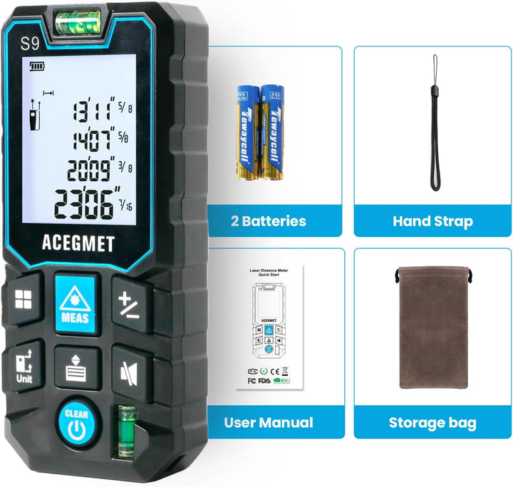 ACEGMET Laser-Entfernungsmesser Smartphone-App,Reichweite, 2 Wasserwaagen, Bluetooth,LCD-Display mit
