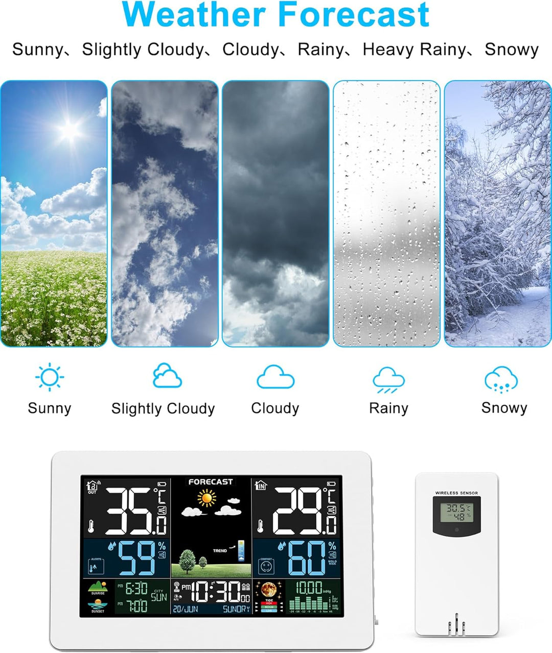 Wetterstation Funk mit Aussensensor, Farbdisplay, Wettervorhersage, Temperatur, Luftfeuchtigkeit, We