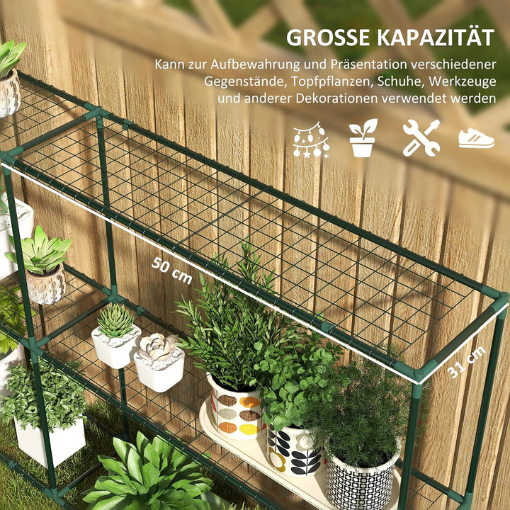 Outsunny Pflanzenregal Outdoor 222 x 30 x 114 cm Dunkelgrün | Blumenregal Pflanzentreppe mit 3 Stufe