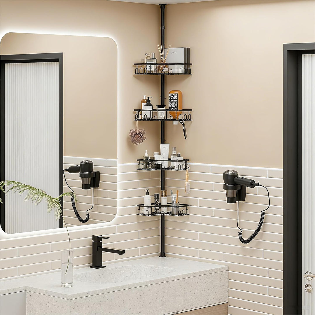 Duschregal Teleskop ohne Bohren, Höhenverstellbare Duschablage Ecke mit 4 Ablagen, Badewanne & Küche