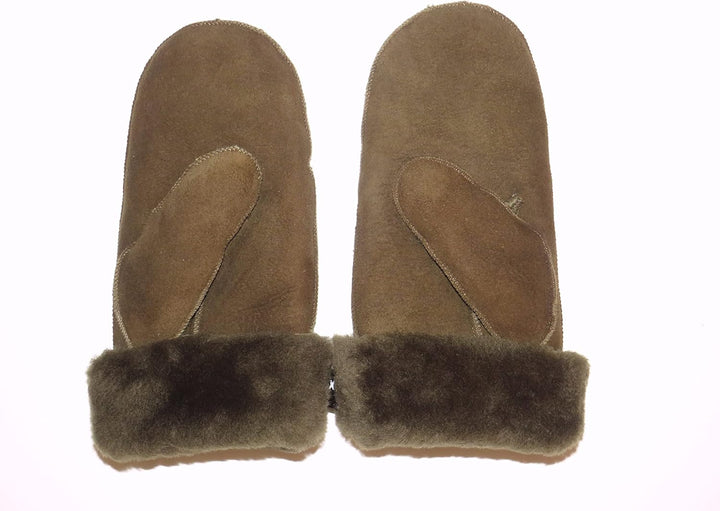 Lammfell Handschuhe Fäustlinge, Fausthandschuhe aus Merino Lammfell, Cognac - braun - olive, Damen -