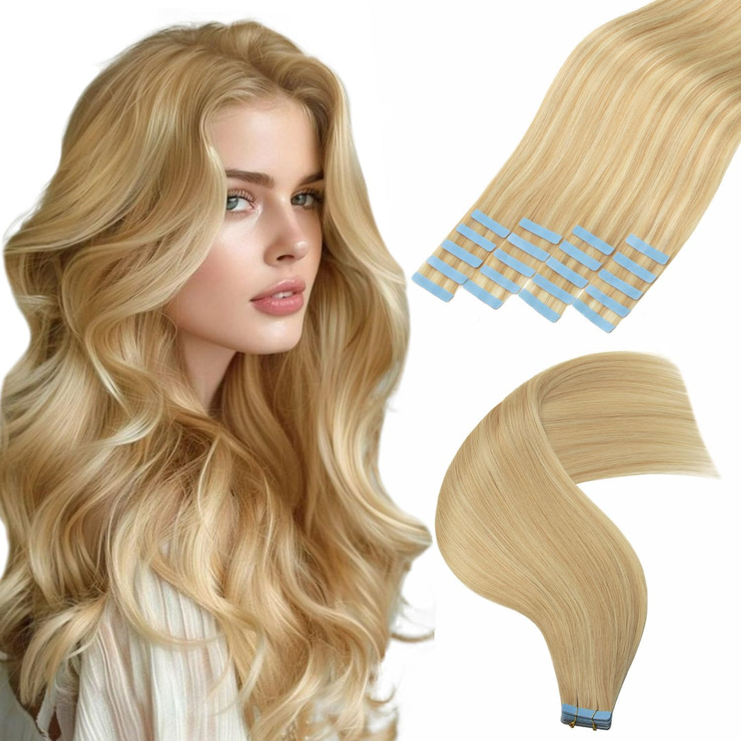 Tape In Extensions Echthaar 20pcs 50cm 50g Aschblond mit Bleichblond Invisible Tape Extensions Echth