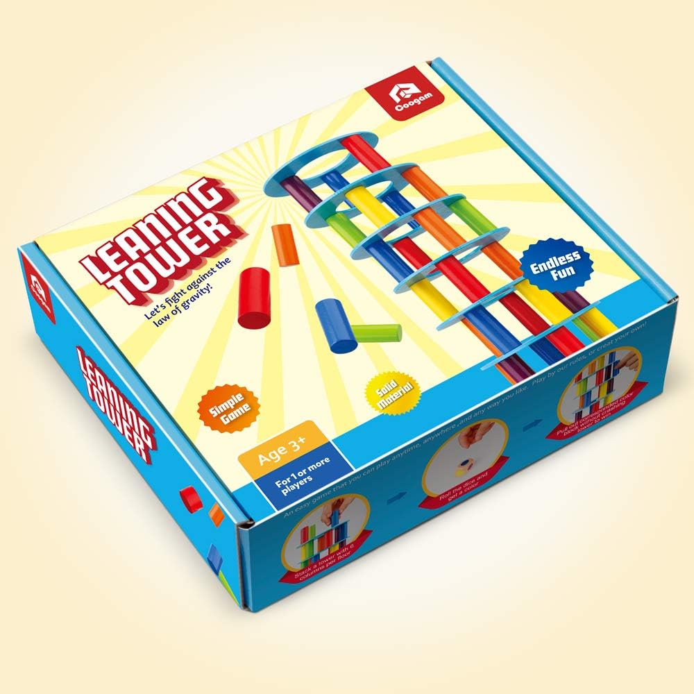 Coogam Hölzern Turm Stapelspiel, Feinmotorik-Bausteine mit Würfeln Schiefer Turm Spielzeug Montessor