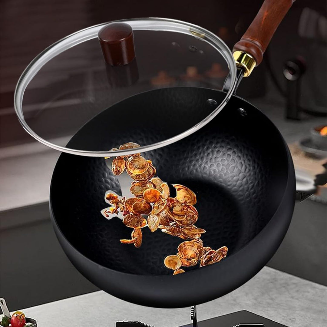 Koch-Wok, Eisen-Bratpfanne, 24 cm, kompakter, ergonomischer, unbeschichteter Wok mit Deckel, vielsei