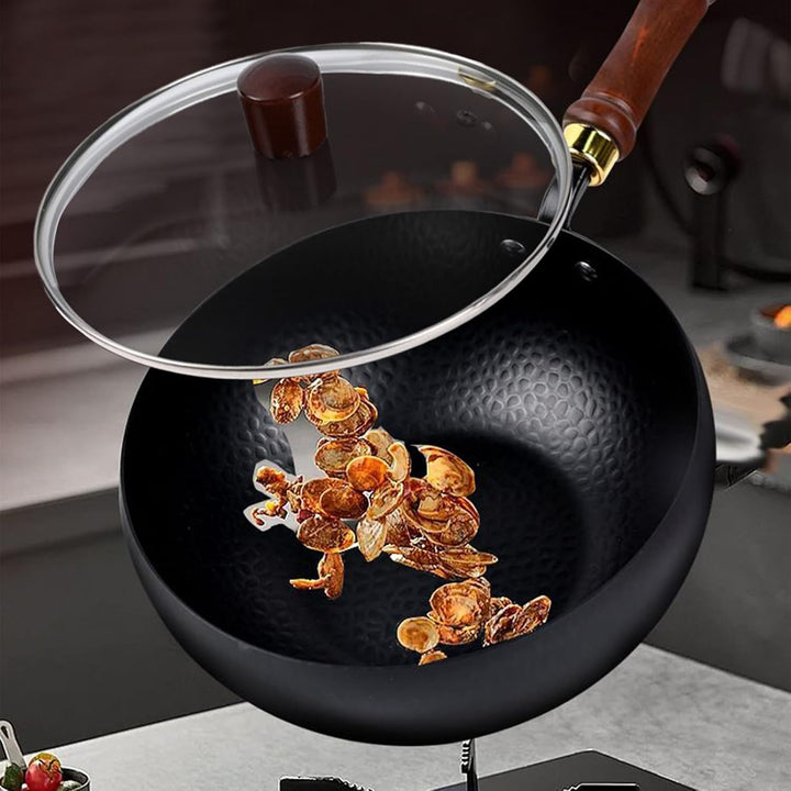 Koch-Wok, Eisen-Bratpfanne, 24 cm, kompakter, ergonomischer, unbeschichteter Wok mit Deckel, vielsei