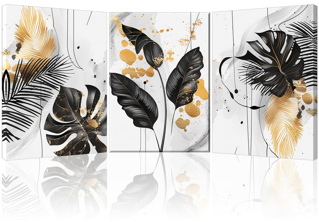 Piy Painting Modern Leinwand Wandbilder, Botanisch Blätter Leinwand Wandkunst, Schwarz Gold Weiss Ei